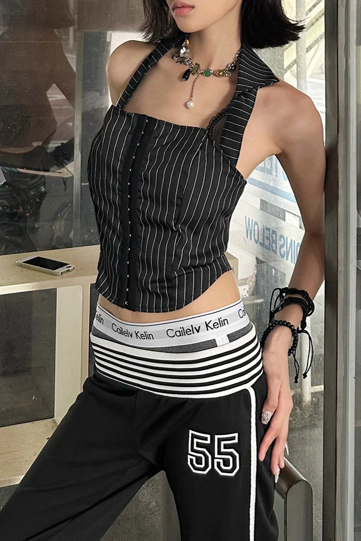 Stripe Bodycon Corset Lace Trim Halter Top - Image 5