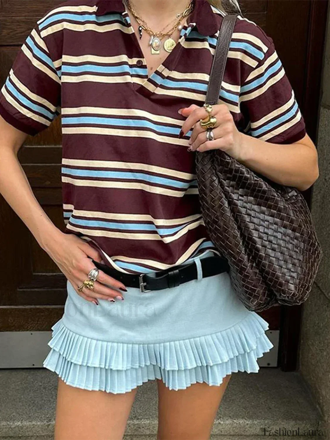 Stripe Polo Neck Loose Casual T-Shirt - Image 18