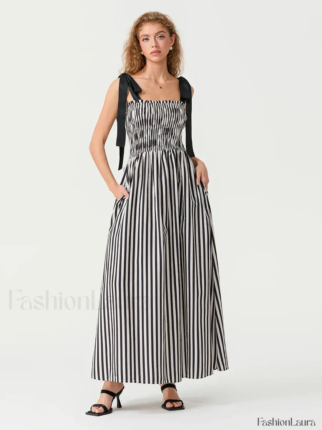 Striped Bow Shirred Maxi Dress - Image 18