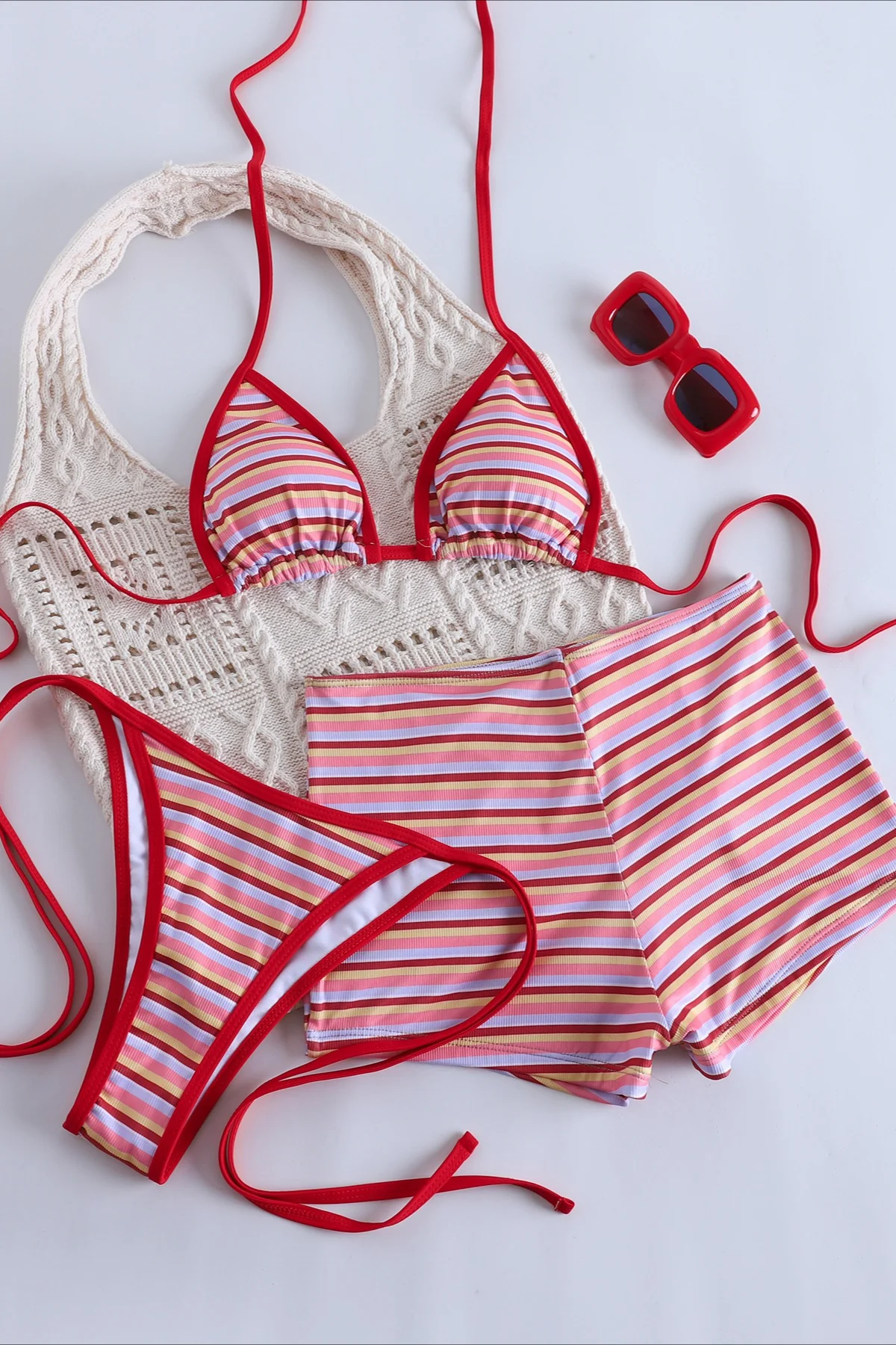 Striped Boyshort High Waist Three Piece Swim Set - Image 3