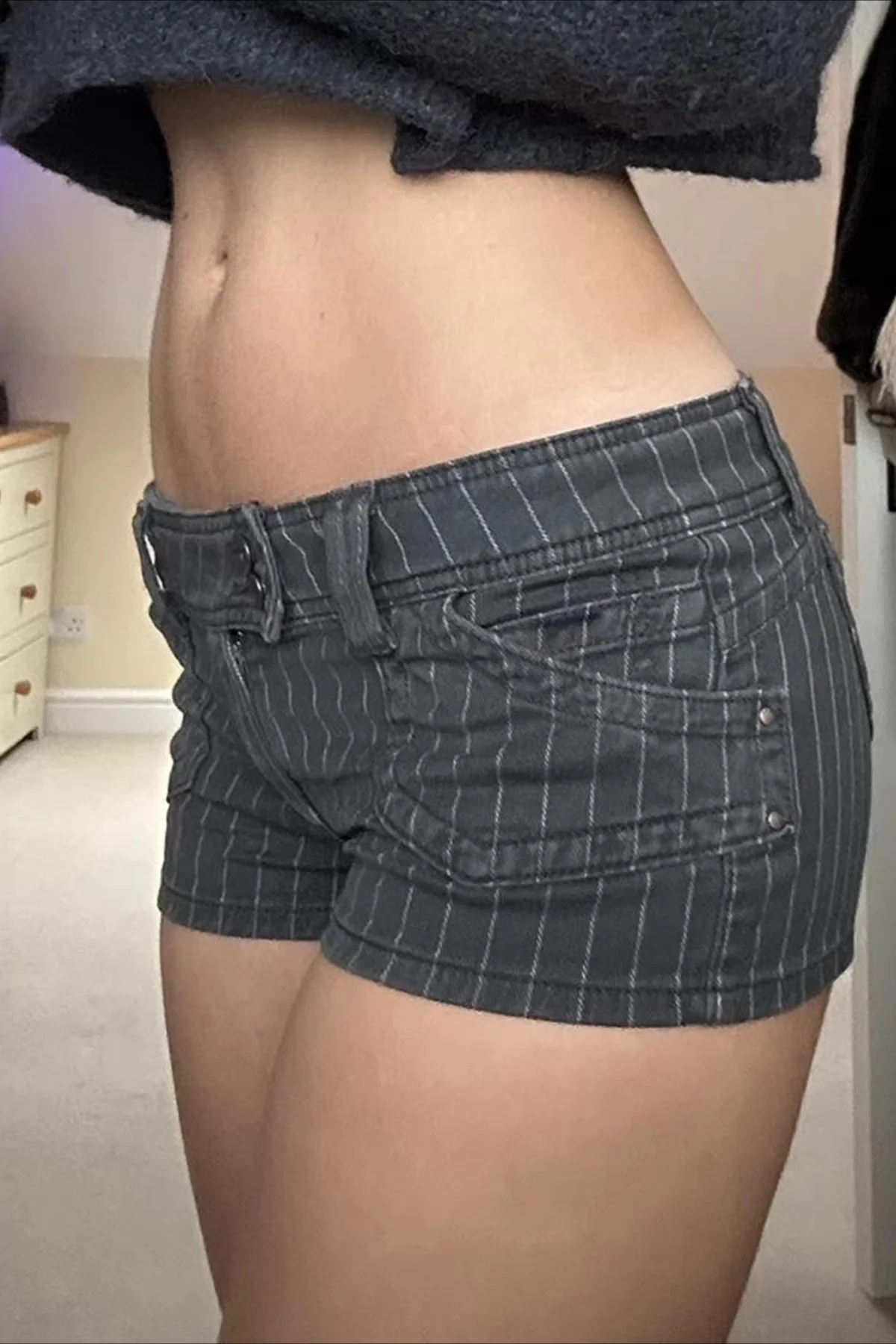 Striped Colorblock Low Rise Double Breasted Denim Shorts - Image 2