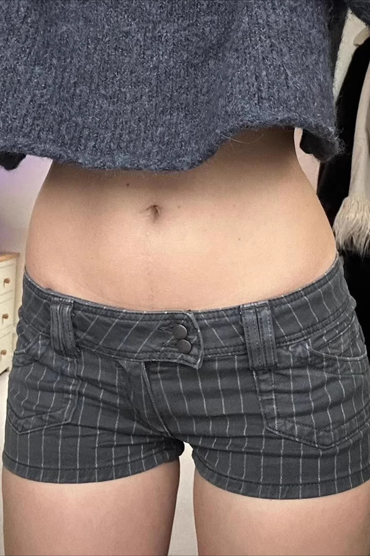 Striped Colorblock Low Rise Double Breasted Denim Shorts - Image 3