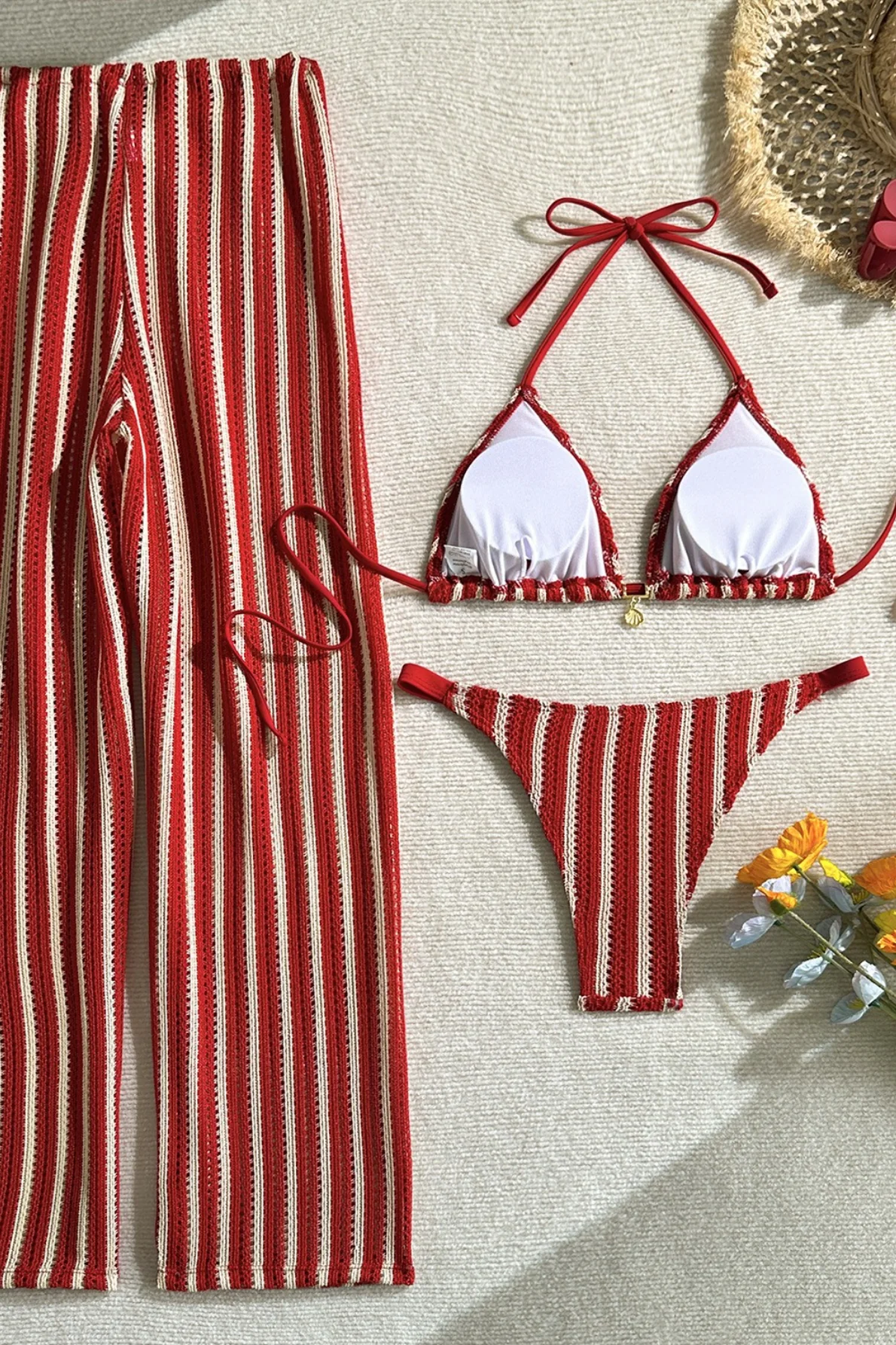 Striped Halter Tie Pants Three Piece Swim Set - Image 8