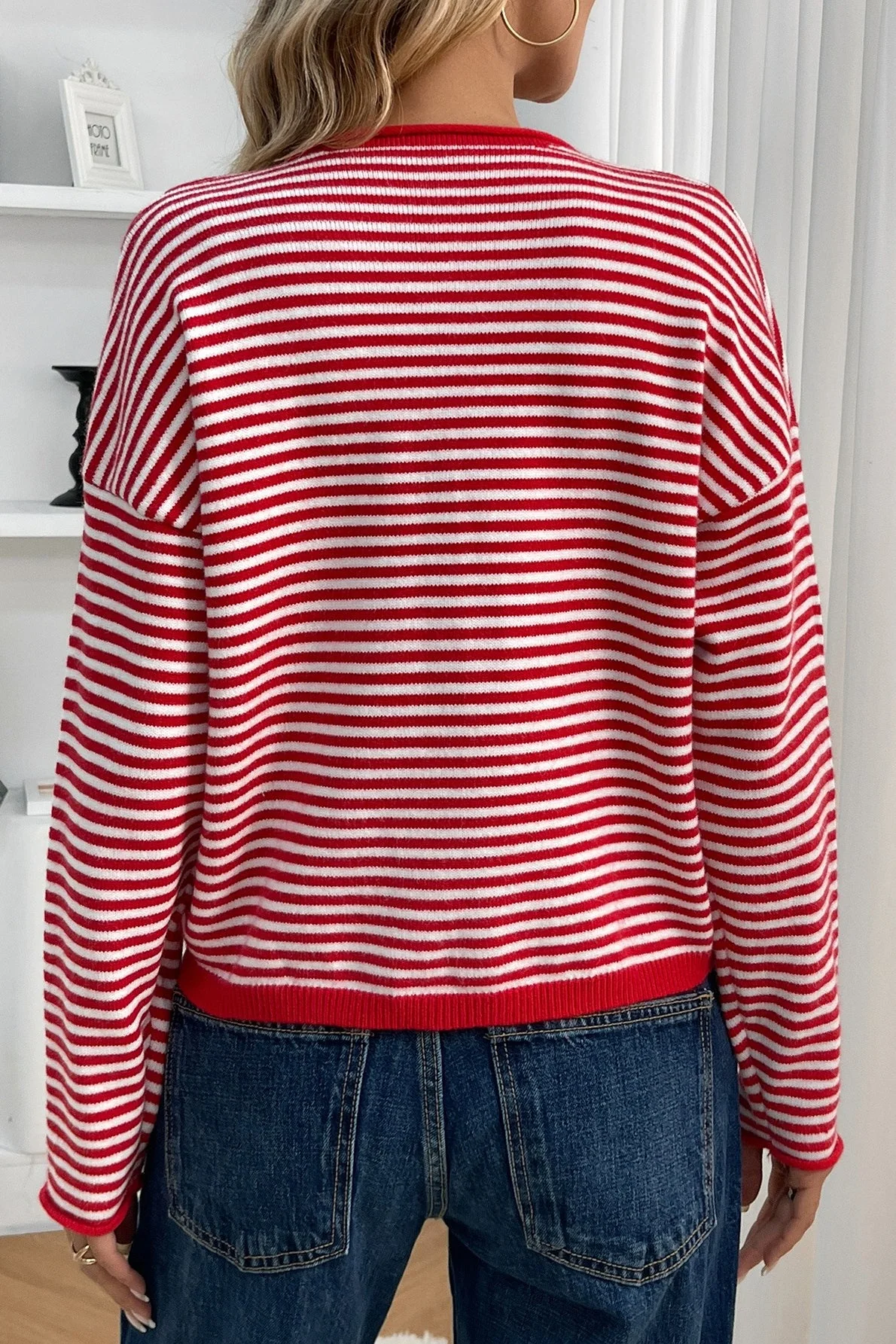 Striped Knit Round Neck Cardigan - Image 4