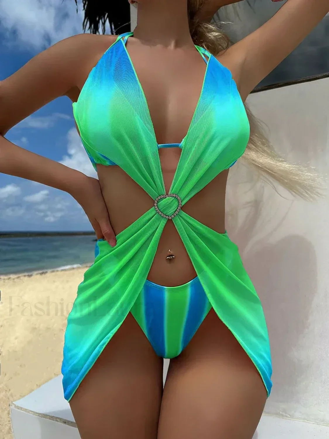 Striped Lace Mesh Bikini Three Piece Set - Image 2