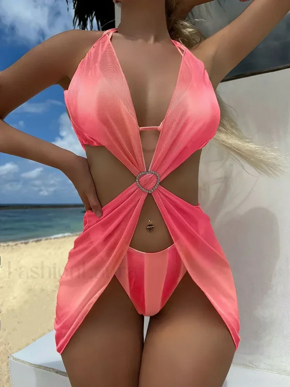 Striped Lace Mesh Bikini Three Piece Set - Image 4