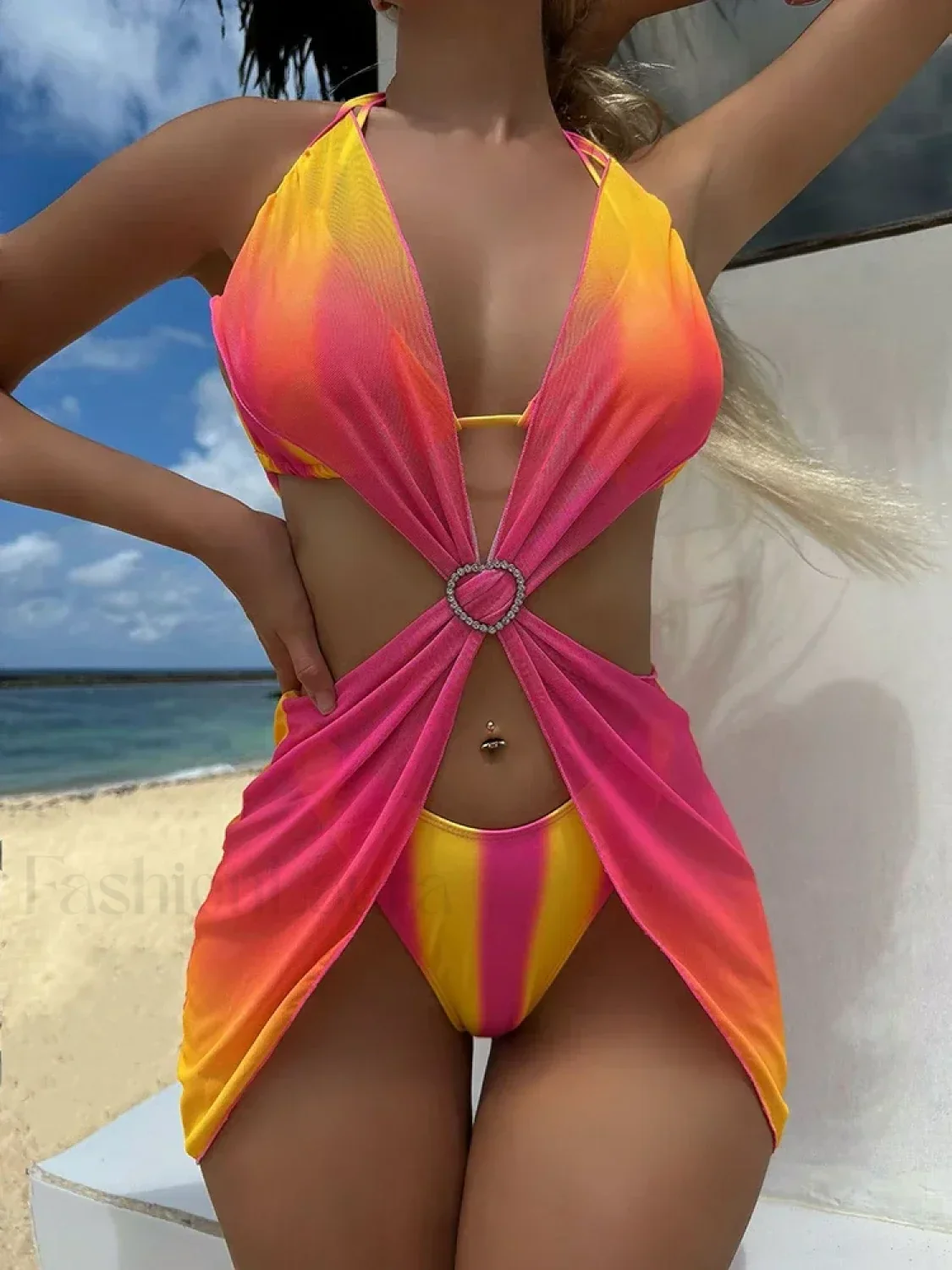 Striped Lace Mesh Bikini Three Piece Set - Image 5
