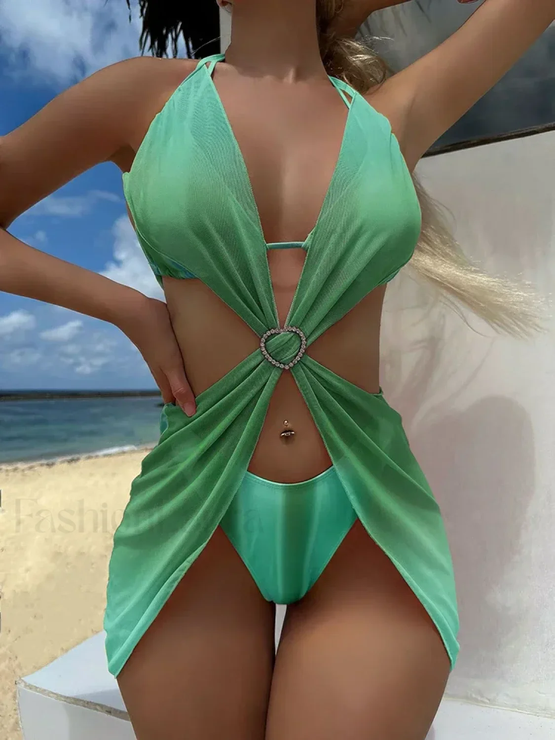 Striped Lace Mesh Bikini Three Piece Set - Image 8