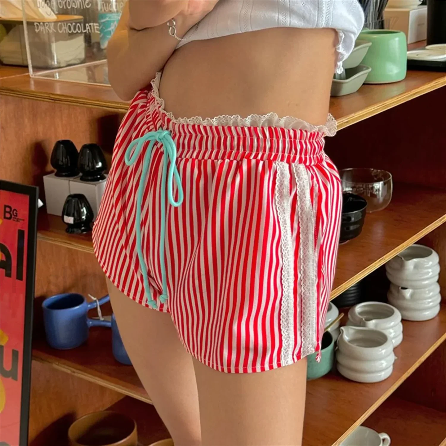 Striped Lace Trim Drawstring Elastic Waist Casual Summer Short