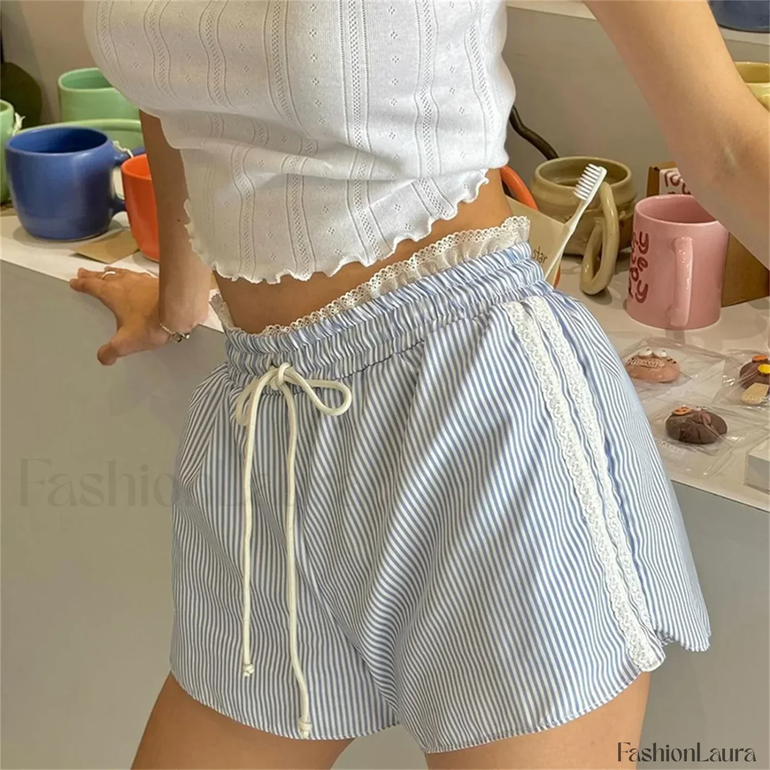 Striped Lace Trim Drawstring Elastic Waist Casual Summer Short - Image 16