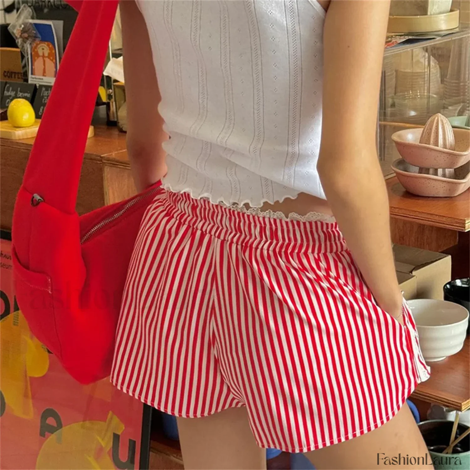 Striped Lace Trim Drawstring Elastic Waist Casual Summer Short - Image 17
