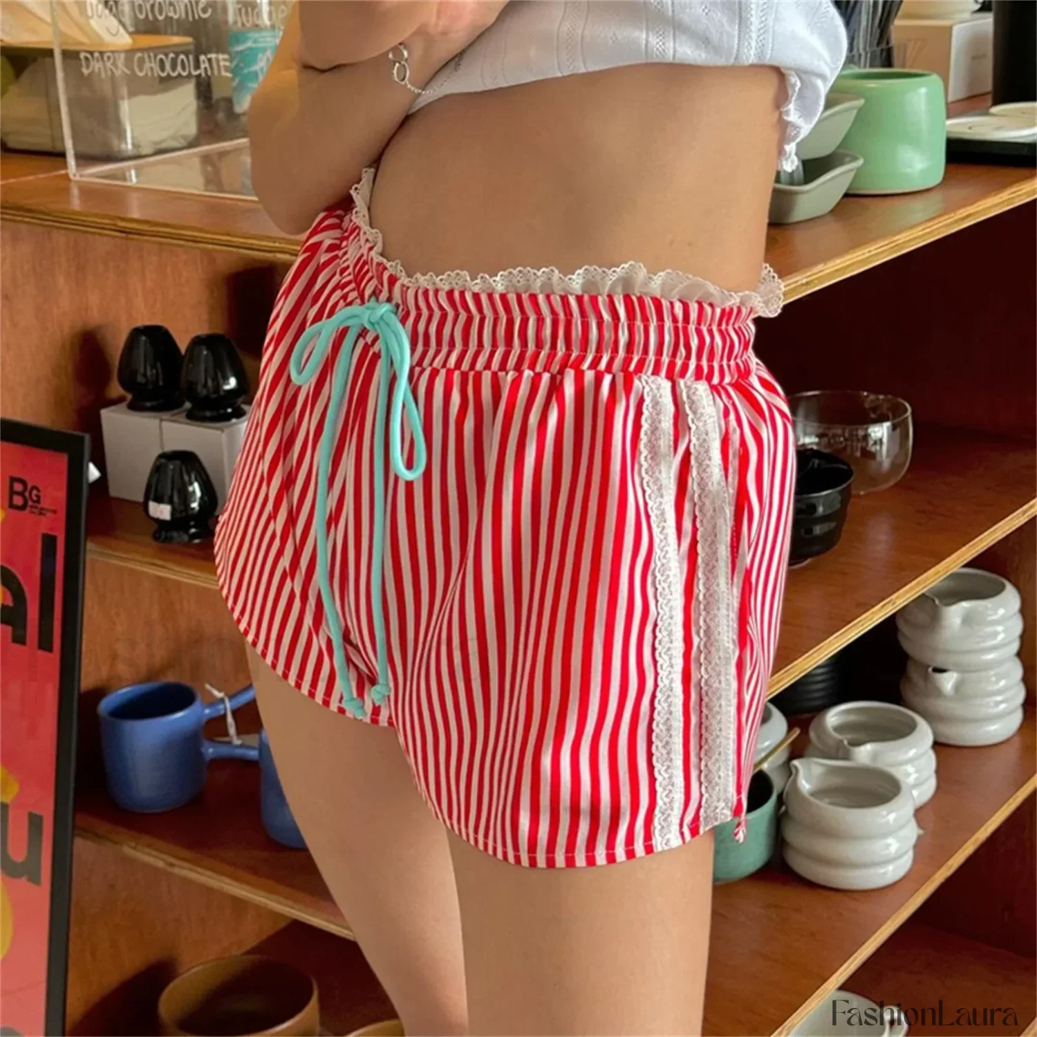 Striped Lace Trim Drawstring Elastic Waist Casual Summer Short - Image 18
