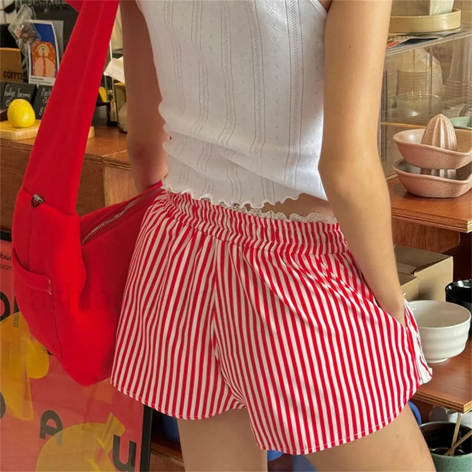 Striped Lace Trim Drawstring Elastic Waist Casual Summer Short - Image 2