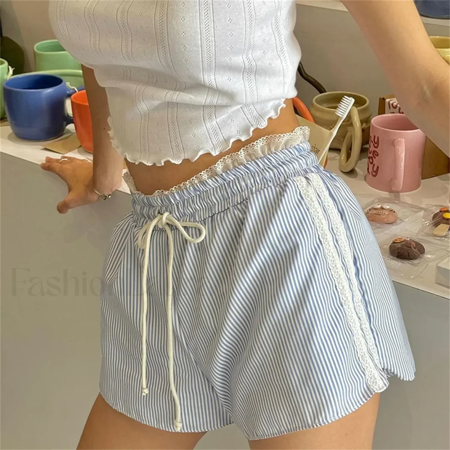 Striped Lace Trim Drawstring Elastic Waist Casual Summer Short - Image 3