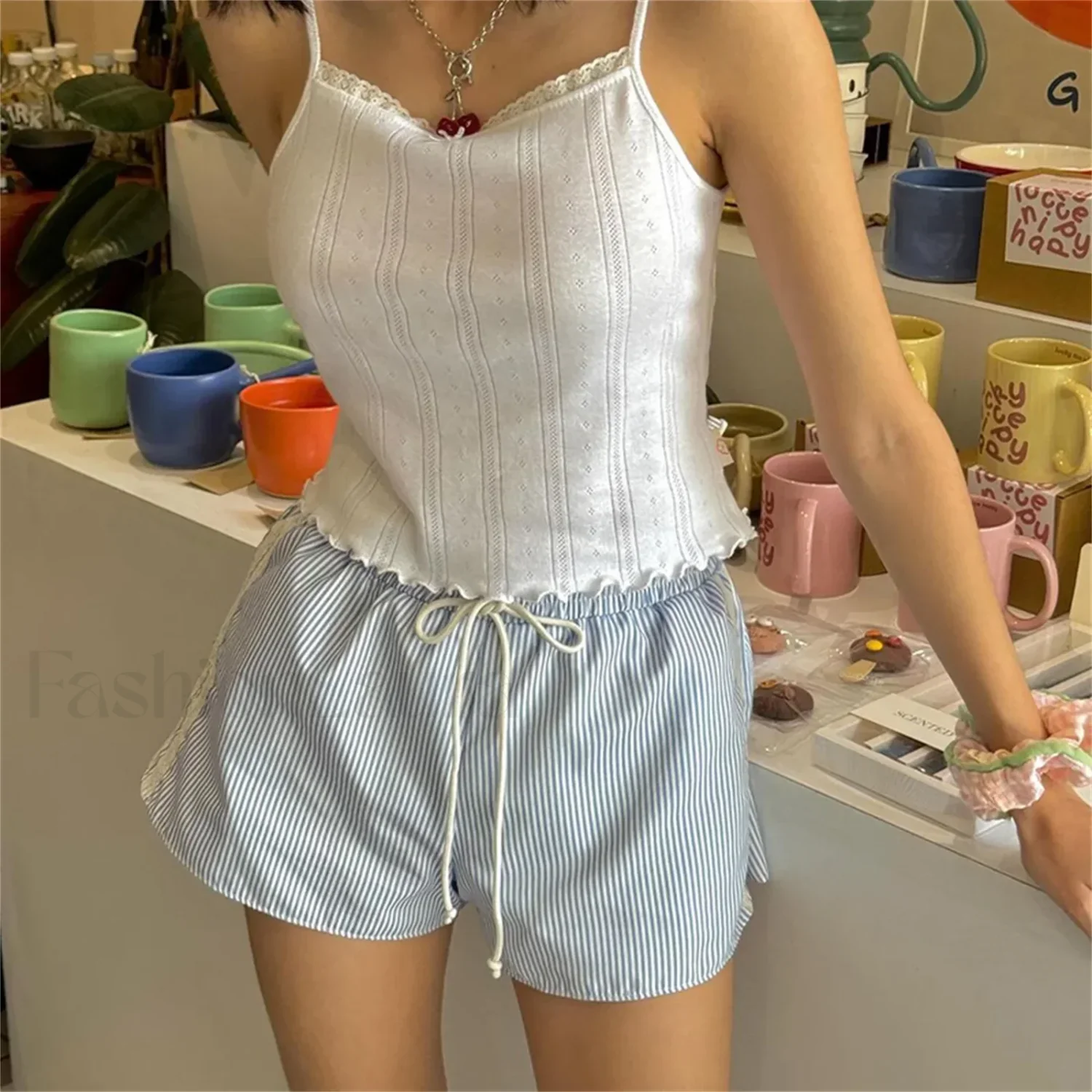 Striped Lace Trim Drawstring Elastic Waist Casual Summer Short - Image 9