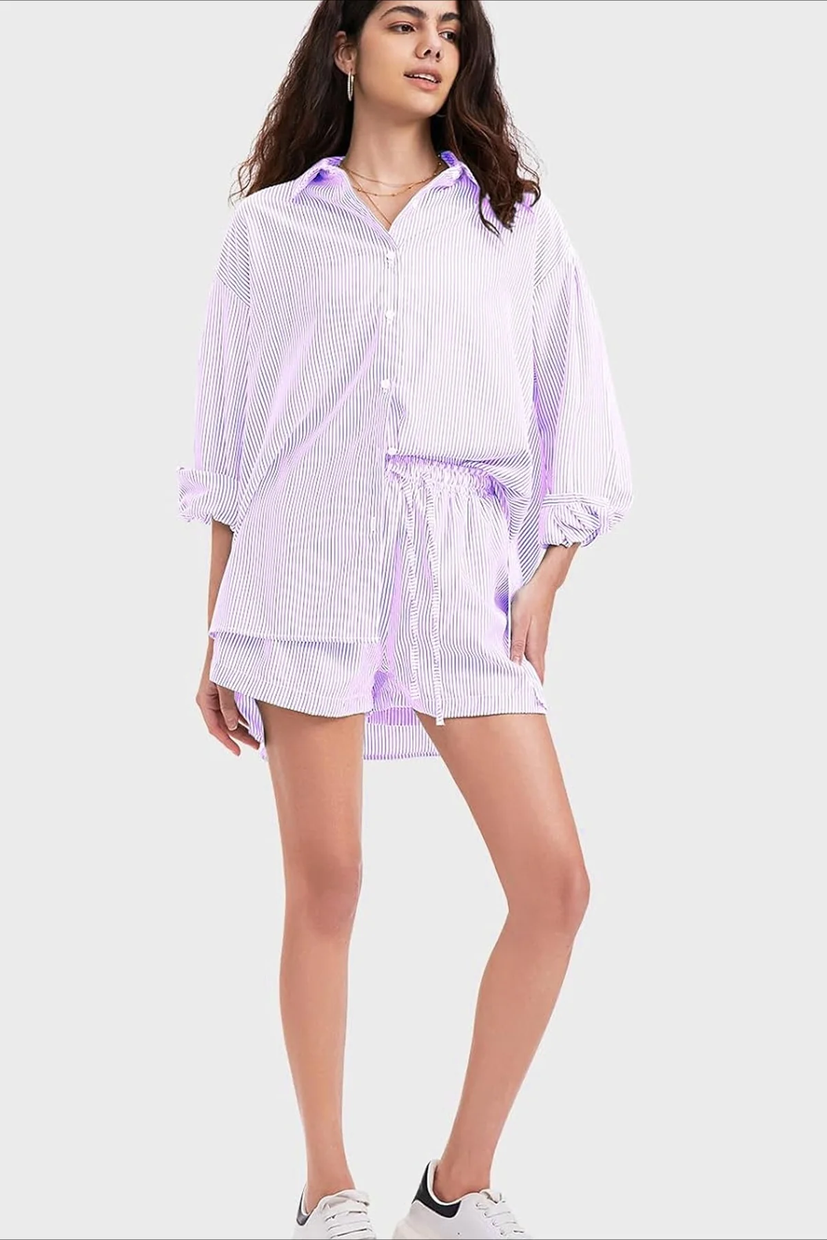 Striped Lapel Long Sleeve Blouse Shorts Set - Image 2