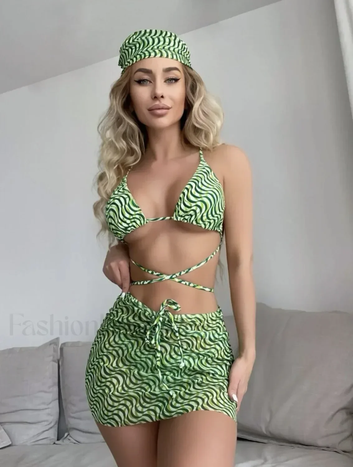 Striped Mesh Sarong Micro Three Piece Set - Image 10
