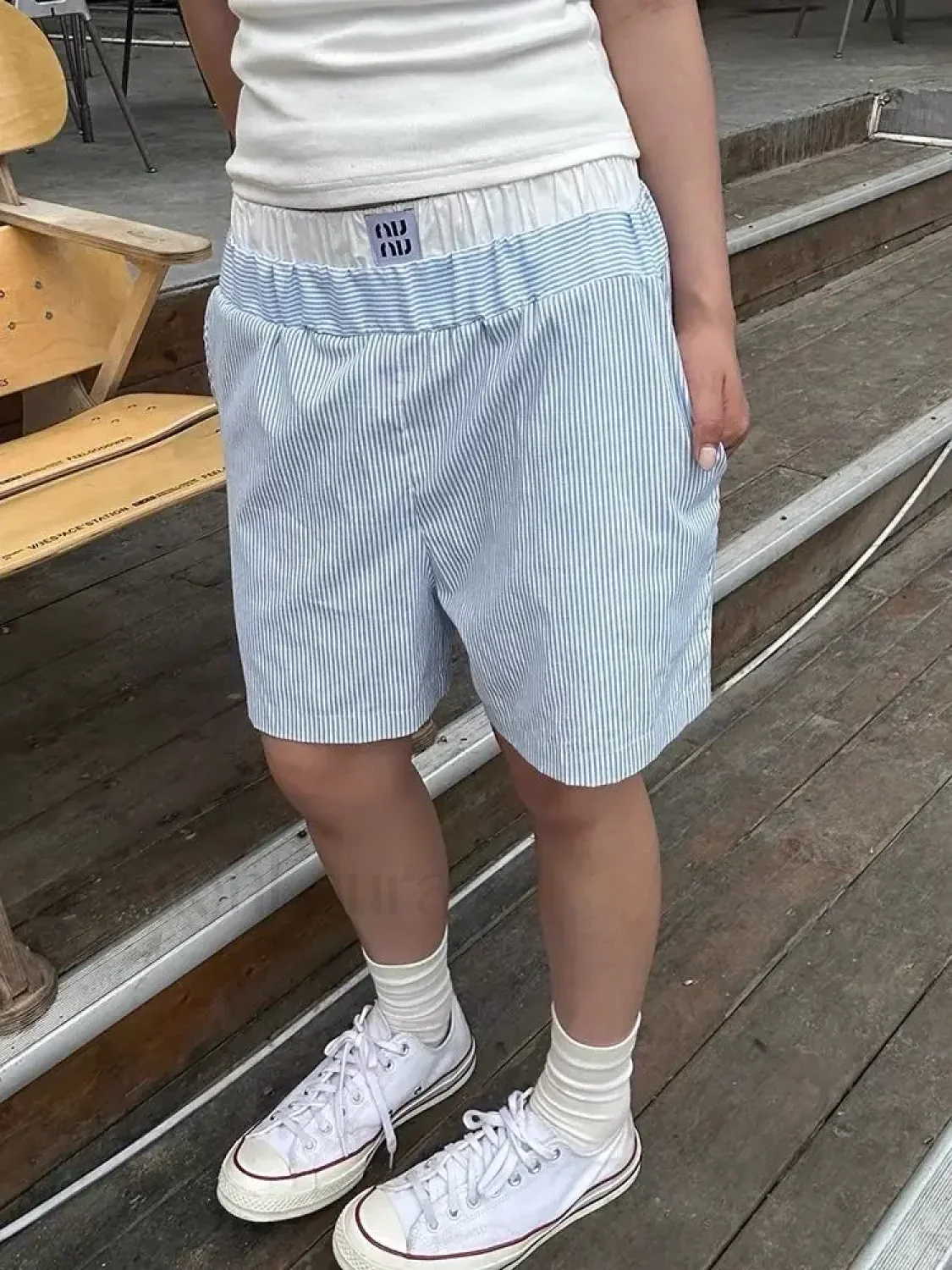 Striped Patchwork Baggy Elastic Waist Retro Casual Short - Image 7