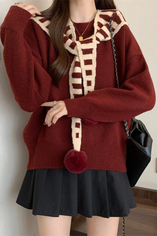 Striped Shawl Collar Pom Pom Solid Sweater - Image 3