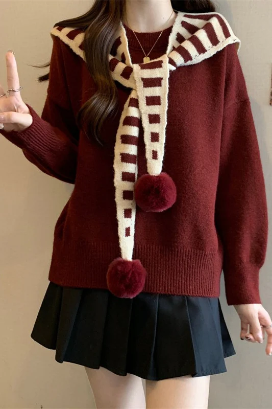 Striped Shawl Collar Pom Pom Solid Sweater - Image 4