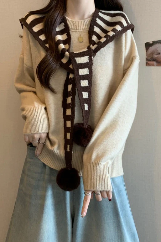 Striped Shawl Collar Pom Pom Solid Sweater - Image 5