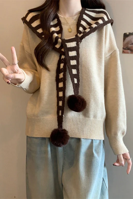 Striped Shawl Collar Pom Pom Solid Sweater - Image 6