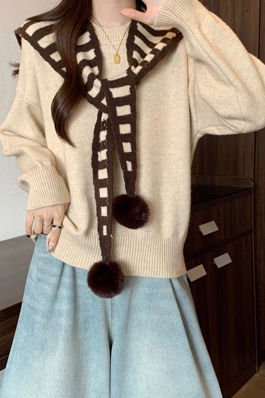 Striped Shawl Collar Pom Pom Solid Sweater - Image 7