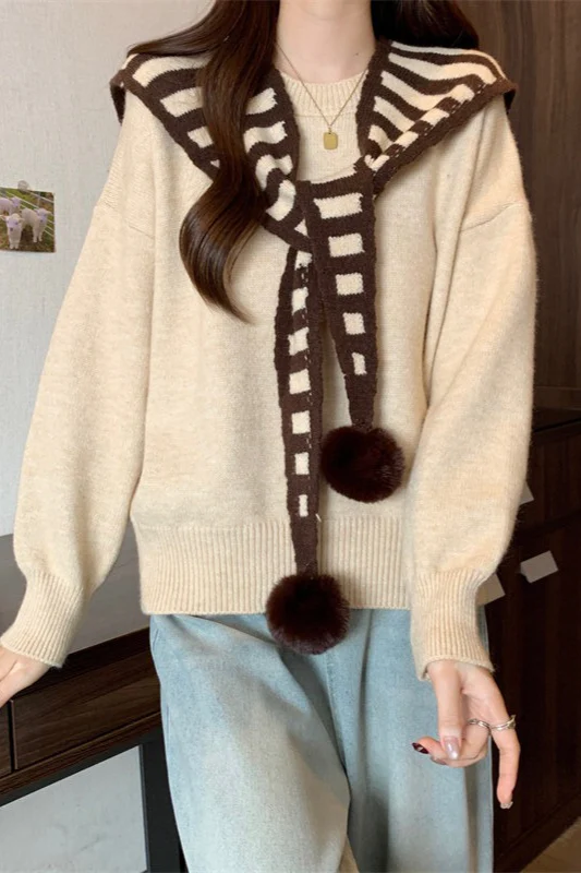 Striped Shawl Collar Pom Pom Solid Sweater - Image 8