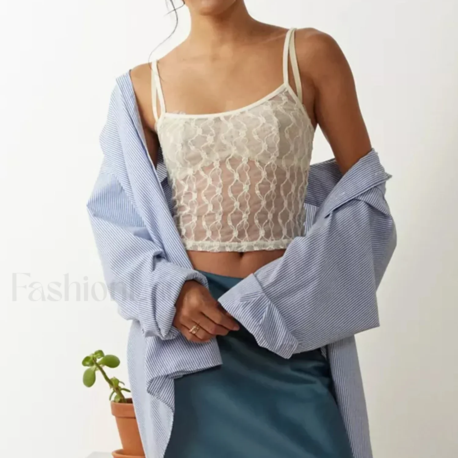 Striped Square-Neck Mesh Crop Top - Image 6