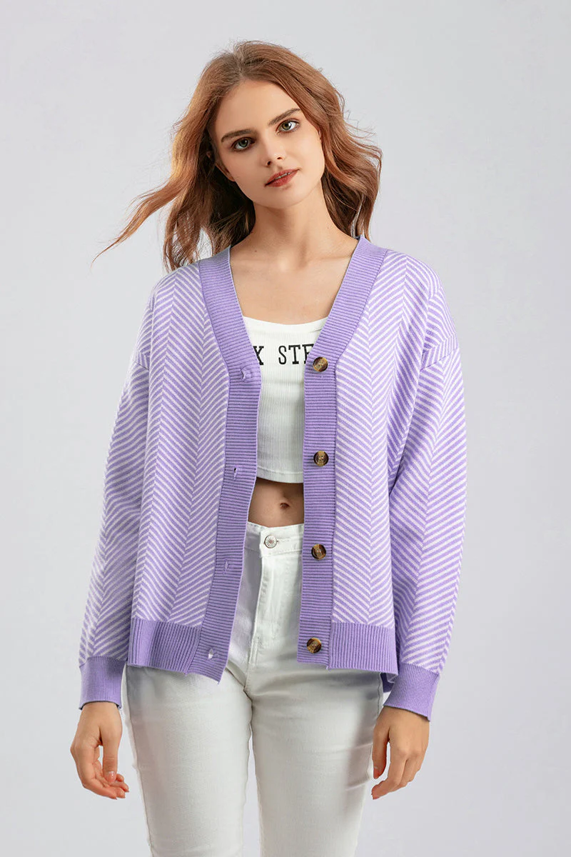Striped V-Neck Buttoned Knit Sweater - Image 10