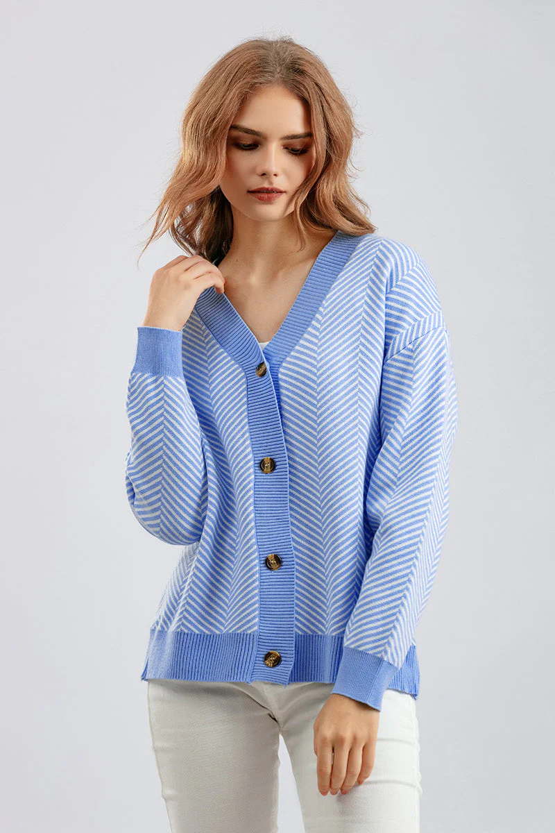 Striped V-Neck Buttoned Knit Sweater - Image 27