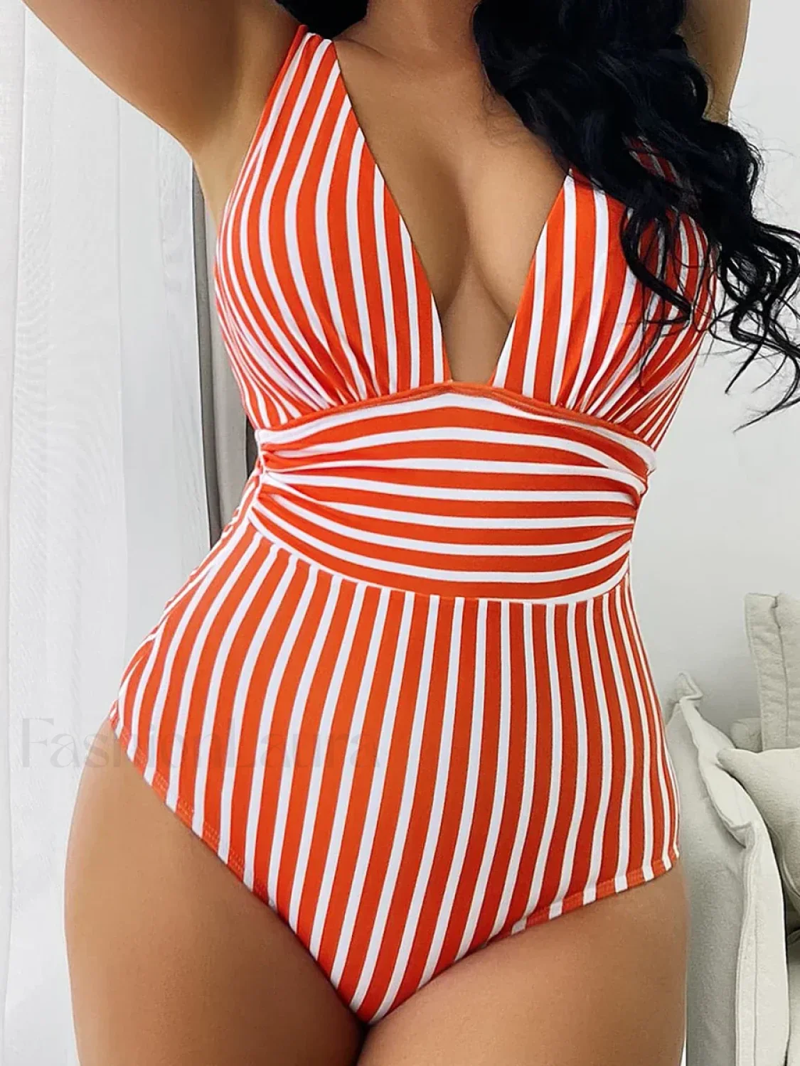 Striped V Neck One Piece - Image 9