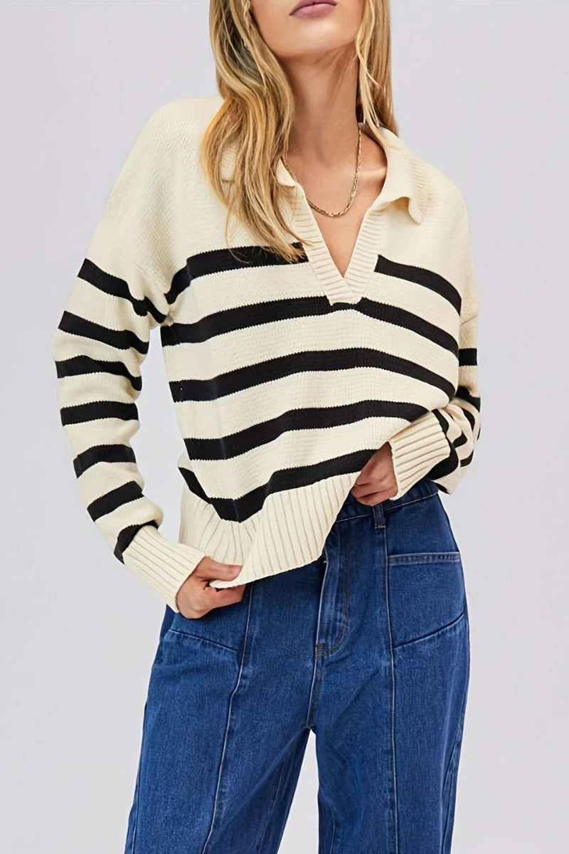 Striped Wool Collar V-Neck Sweater - Image 19