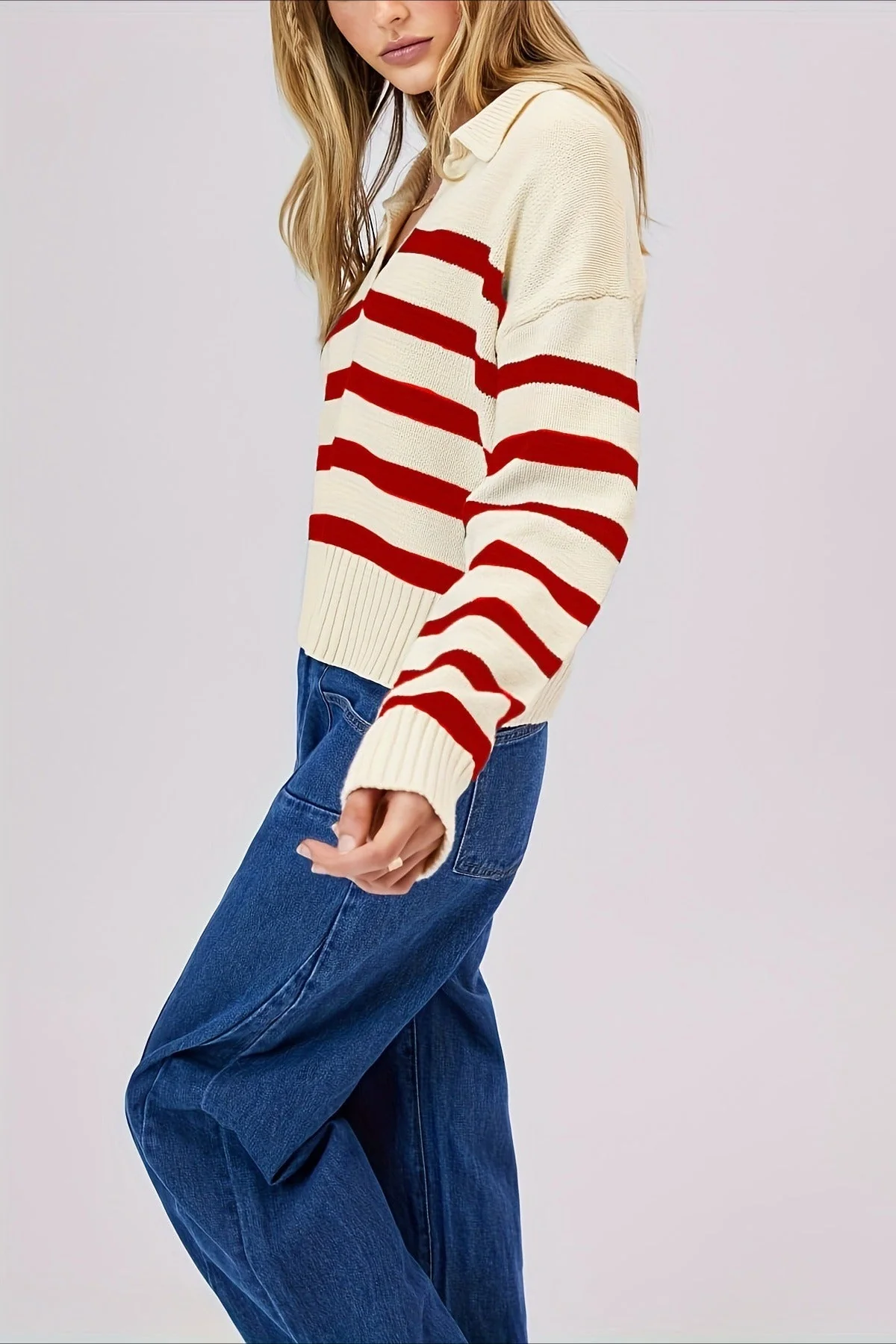 Striped Wool Collar V-Neck Sweater - Image 3