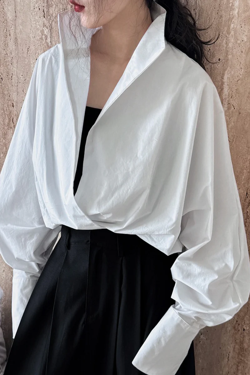 Structured Oversized Lapel V Neck White Blouse - Image 3
