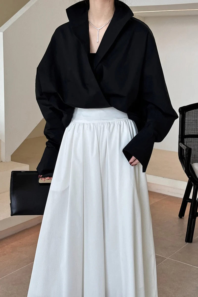 Structured Oversized Lapel V Neck White Blouse - Image 6