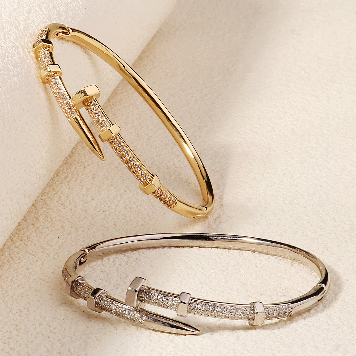 Stylish Unique Zircon Nail Open Bangle Bracelet - Image 2