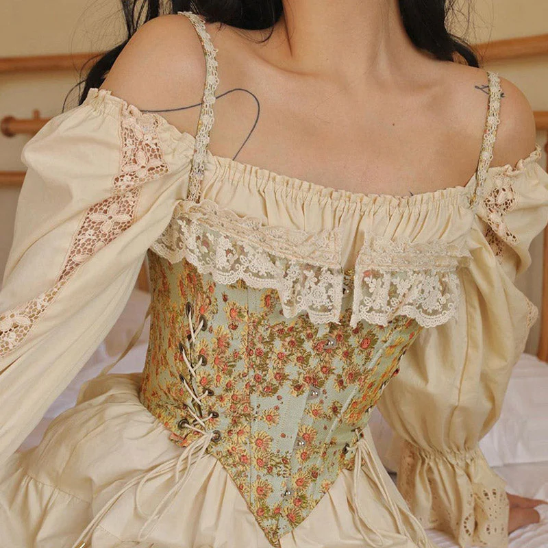 Sweet Ruffled Hook and Eye Lace Up Side Floral Crop Corset Top - Green - Image 10