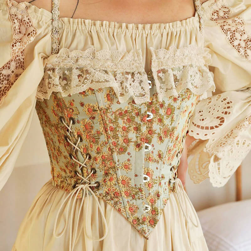 Sweet Ruffled Hook and Eye Lace Up Side Floral Crop Corset Top - Green - Image 8