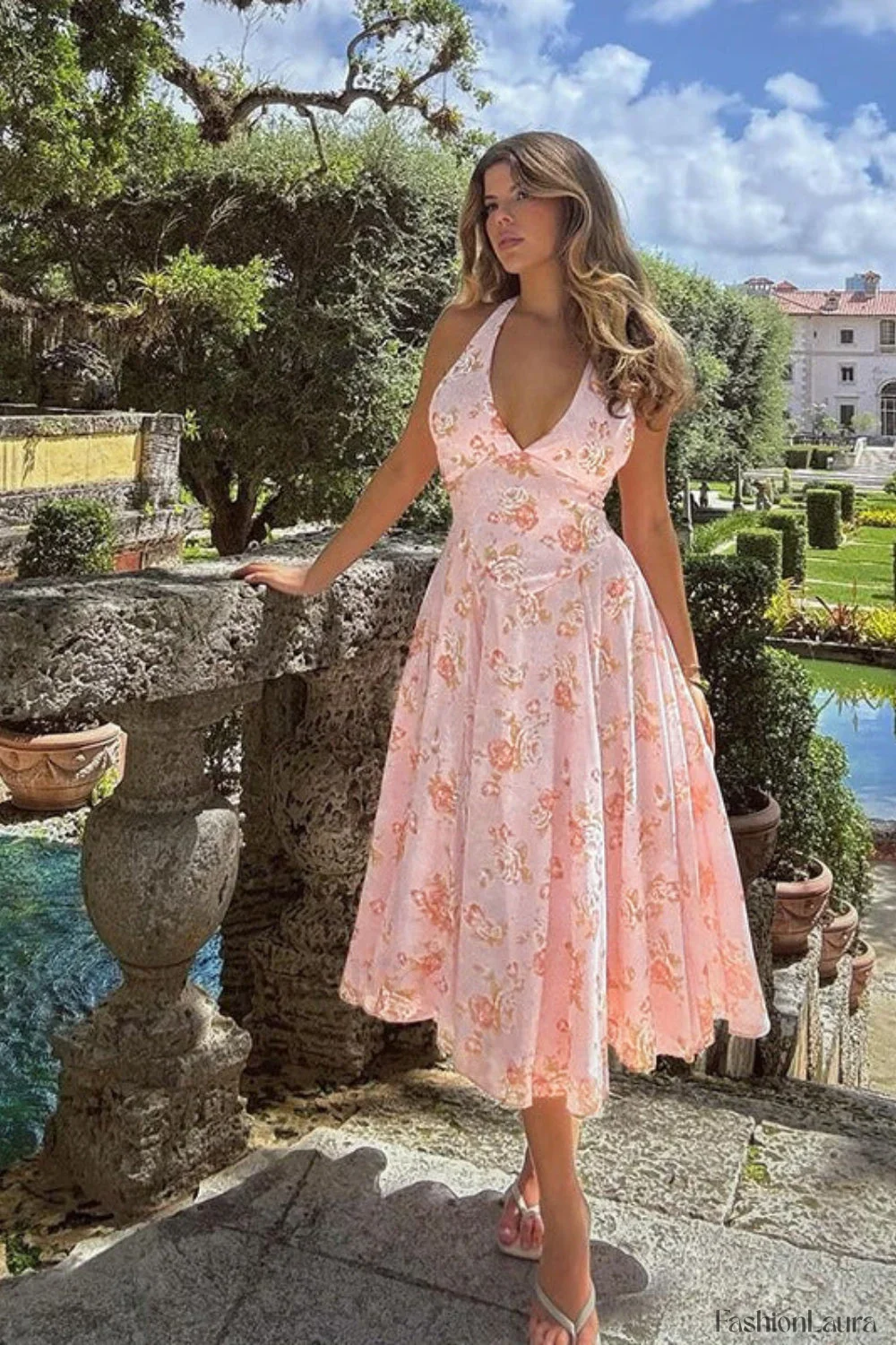 Sweet Wind Slim Print Neck A-Line Floral Dress - Image 14