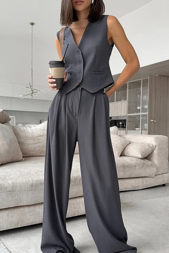 Tailored Gray Two Piece Vest Pants Set - Image 2
