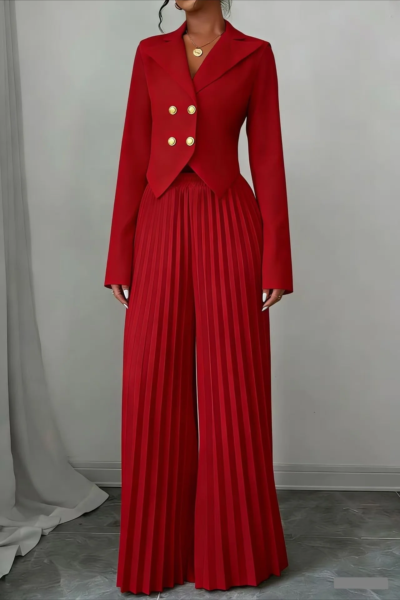 Tailored Pleated Two Piece Blazer Pants Set - Image 4