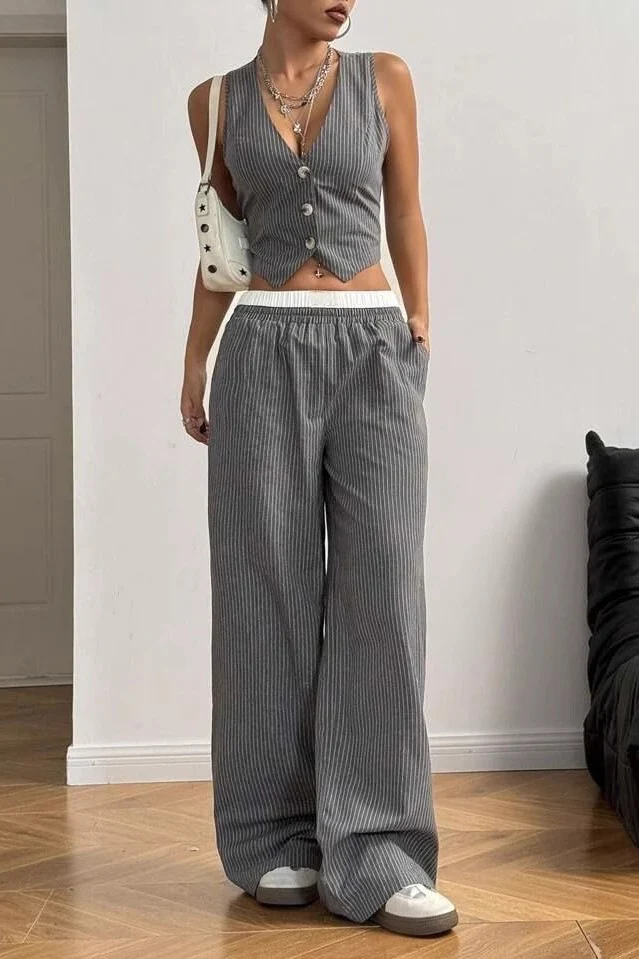 Tailored Workwear Striped Two Piece Vest Pants Set - Image 4