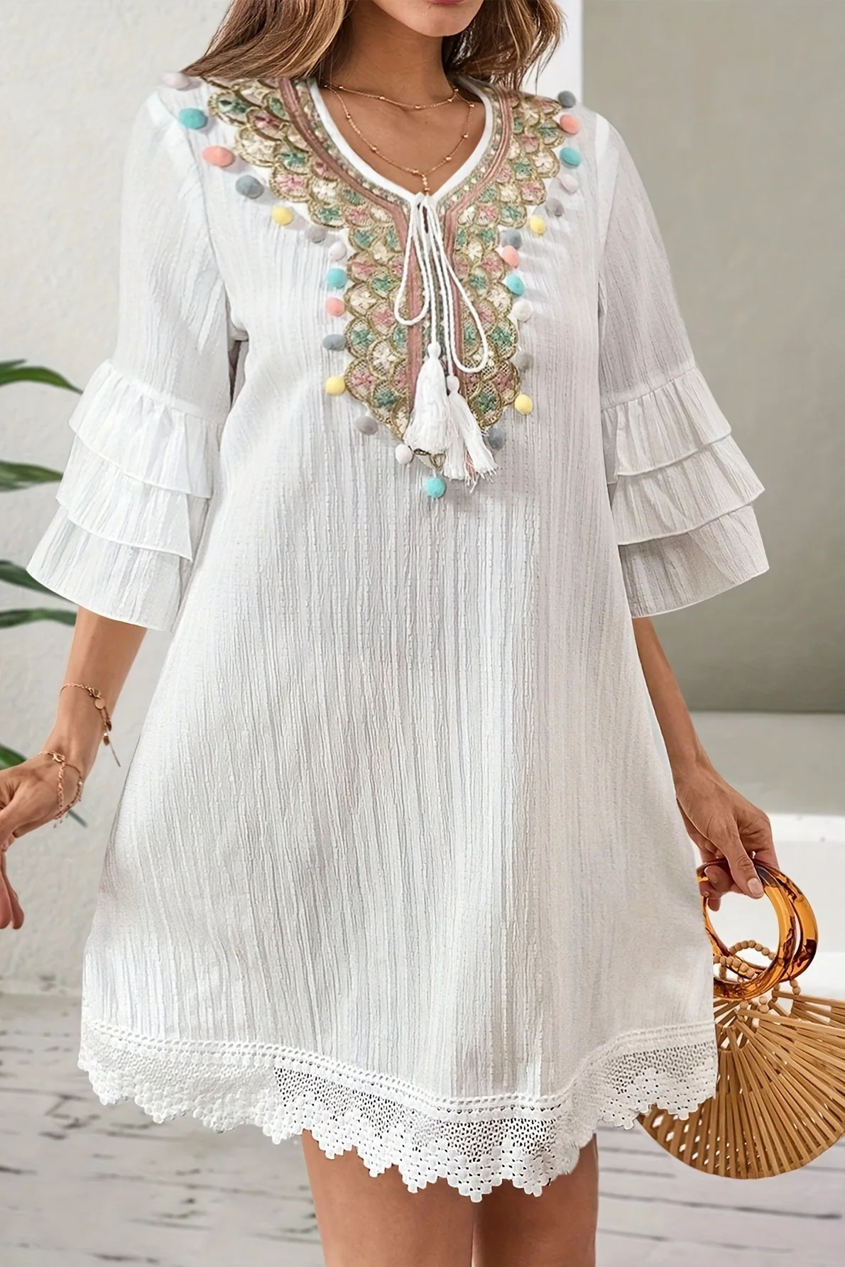 Tassel Pom Pom Ruffle Sleeve Lace Detail Boho Dress - Image 2