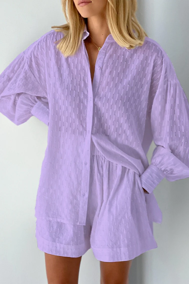 Textured Bubble Sleeve Blouse Casual Shorts Set - Image 6