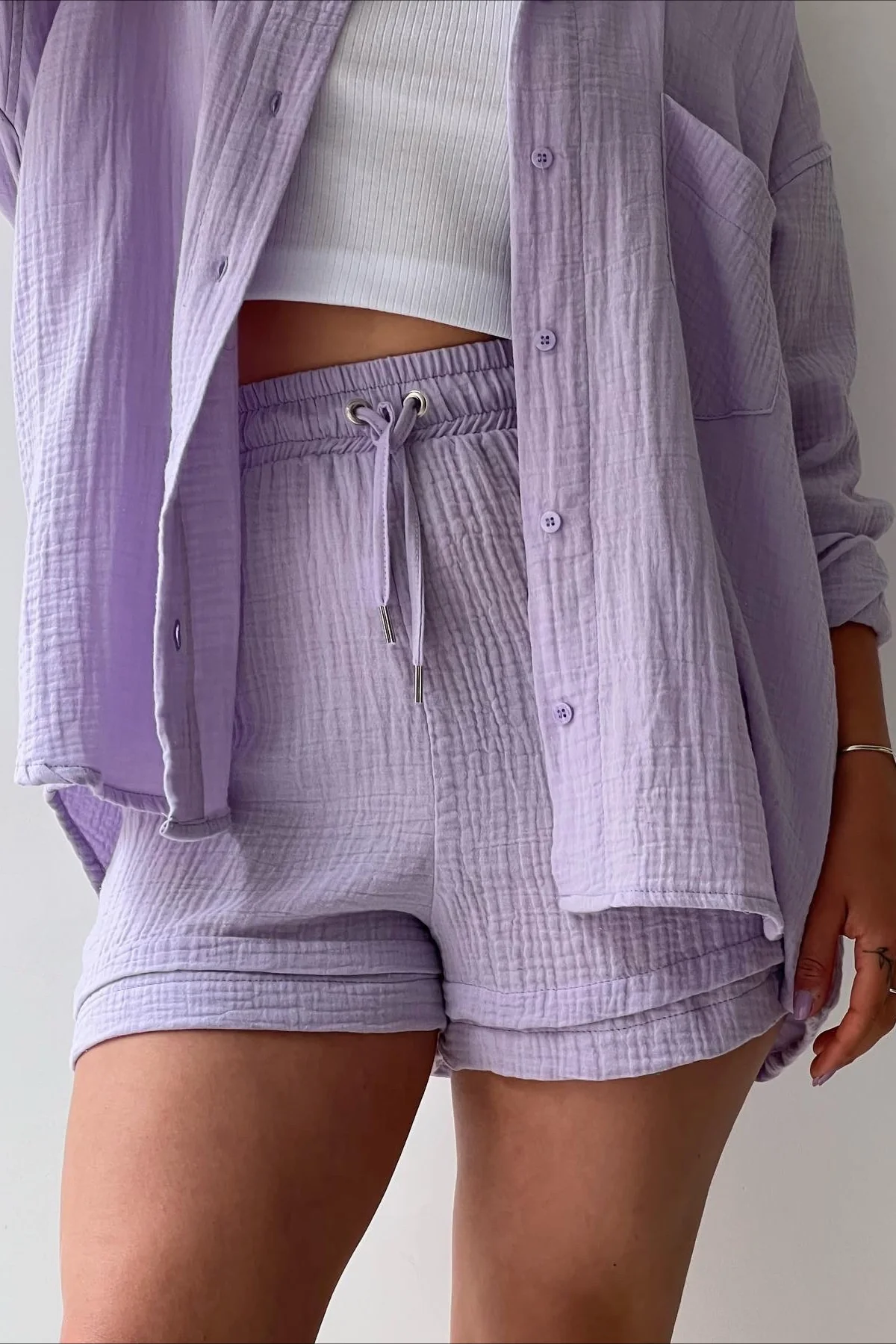 Textured Lapel Long Sleeve Top High Waist Shorts Set - Image 13