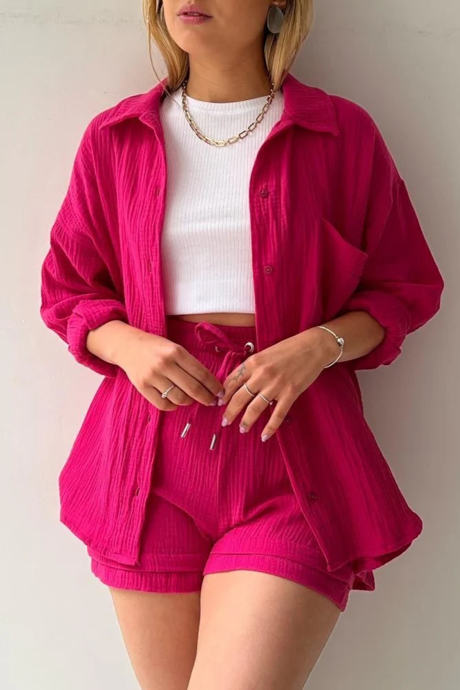 Textured Lapel Long Sleeve Top High Waist Shorts Set - Image 7