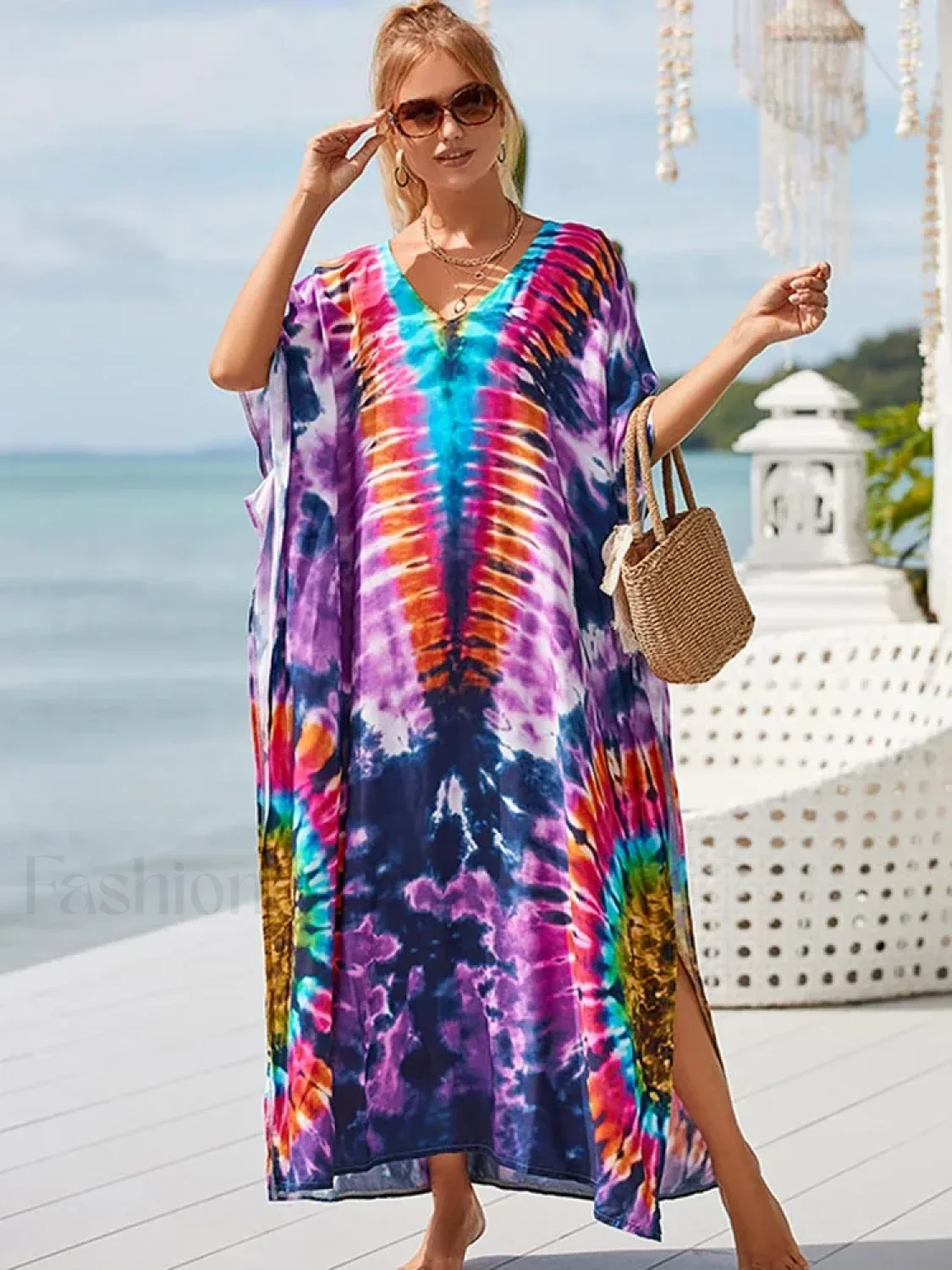 Tie Dye V-Neck Plus Size Cover Up - Image 11