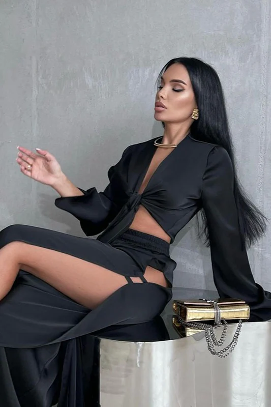 Tie Front Crop Top Split Hem Pants Set