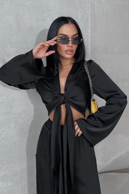 Tie Front Crop Top Split Hem Pants Set - Image 3